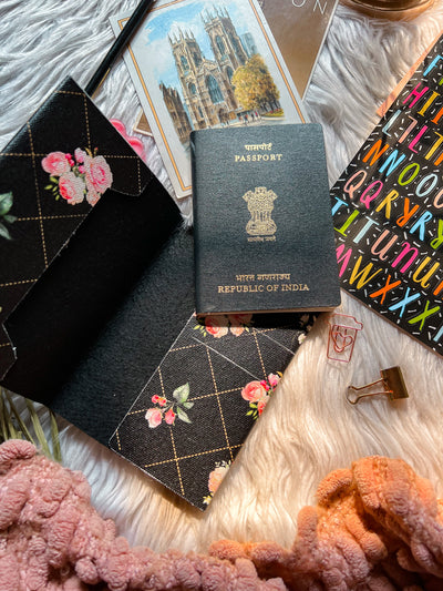 Cotton Canvas Vintage Passport Cover - Black, Floral Print - Suspire