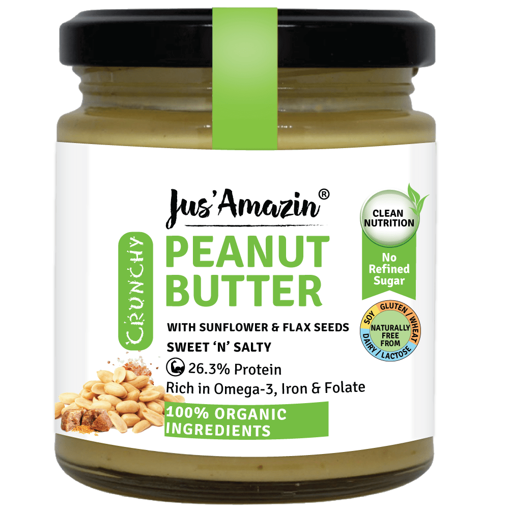 Jus Amazin Crunchy Organic Peanut Butter - With Flax and Sunflower Seeds - 200 Gram