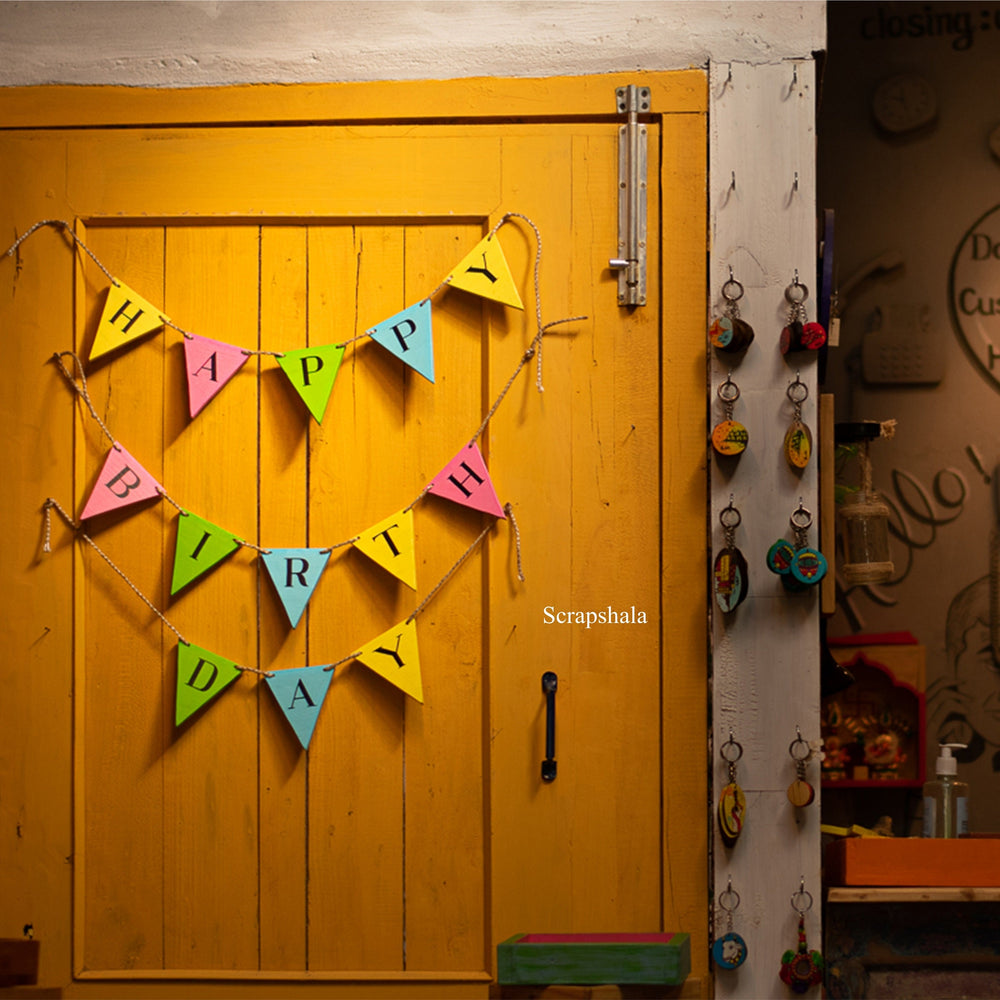 Scrapshala HAPPY BIRTHDAY Bunting | Reusable | Handpainted | Natural reclaimed wood
