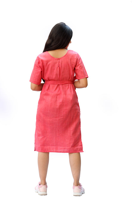 Agati Design Raha Yarn Dyed Dress with Belt | Khadi Cotton | Pink & Yellow, M-XL