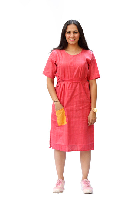 Agati Design Raha Yarn Dyed Dress with Belt | Khadi Cotton | Pink & Yellow, M-XL