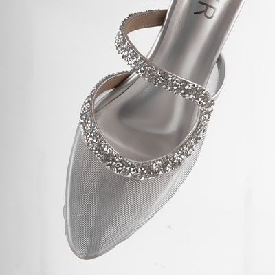 Sliver mesh heel with black stones